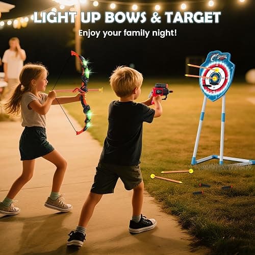 VATOS 2 Pack Bow and Arrow Toy with LED Light - 4 in 1 Archery & Dart Game Set with 20 Suction Cup Arrows, Shark Glow Target & Dart Board - Indoor/Outdoor Birthday Gift for Kids Boys Girls Ages 5-12 thumbnail 2