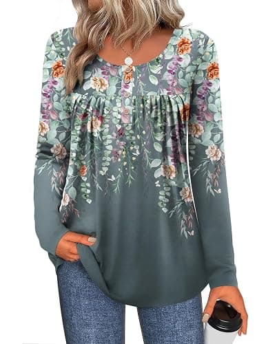 Zeagoo Long Sleeve Shirts for Women Fall Fashion Dressy Casual Blouses Trendy Pleated Tunic Tops for Leggings 2025 thumbnail 2