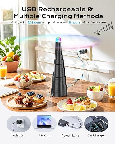 VEUIEIZT Fly Fans for Tables, Type-C Rechargeable Fly Fan, Tabletop Bug Fans with Colorful Light, Foldable Fly Spinner with Soft Holographic Blades for Picnic, Restaurant, Party, Home, BBQ (4 Pack) thumbnail 2