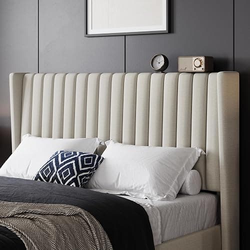 Yaheetech Queen Bed Frame Upholstered Platform Bed with Fabric Headboard, Wing Edge Design/Non-Slip and Noise-Free/Wooden Slats Support/No Box Spring Needed/Easy Assembly, Beige Queen Bed thumbnail 8