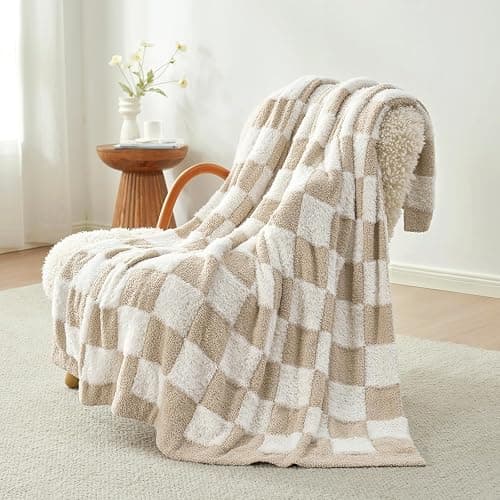 Snuggle Sac Checkered Throw Blanket Faux Fur Microfiber Blankets for Couch,Cozy Soft Warm Blanket for Sofa Bedroom Living Room,Beige Checker,60x80 inches thumbnail 3