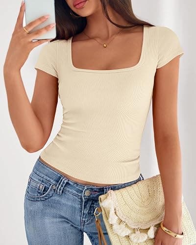 BTFBM T Shirts for Women Square Neck Tops 2026 Spring Trendy Fashion Going Out Workout Y2k Clothes Summer Outfits thumbnail 2
