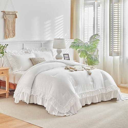 White Ruffle Comforter Set King Size, 3 Pieces Vintage Farmhouse Shabby Chic Comforters, Solid Color Lightweight Soft Fluffy Bedding Sets for All Season (1 Ruffled Comforter + 2 Pillow Shams) thumbnail 7