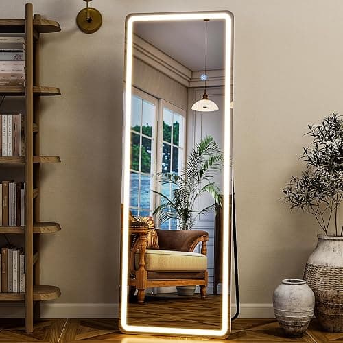 GLSLAND LED Full Length Mirror - 56" x 20" Floor Standing Mirror with Light for Bedroom/Cloakroom -Dimmable & 3 Color Lighting/Wall Mounted Full Body Mirrors - Image 1