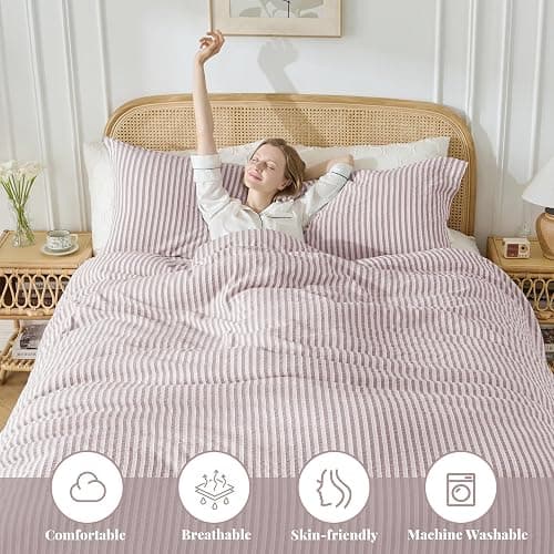MILDLY Jacquard Stripe Duvet Cover - 100% Washed Cotton Pale Mauve Boho Textured Comforter Cover 3pcs with Zipper Closure 90"x90" thumbnail 2