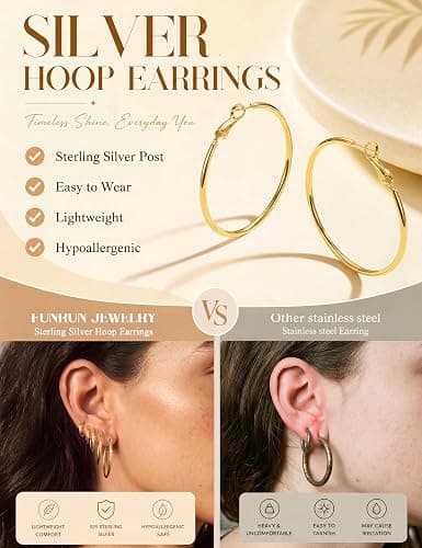 5 Pairs 925 Sterling Silver Post Hoop Earrings for Women, Hoop Earring Set | Small Medium Large Hoop Earrings,12-60mm Sizes,14K Gold Plated & Silver Hoops,Lightweight Stackable Earrings, Hypoallergenic thumbnail 4