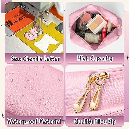Y1tvei Ballet Cosmetic Bag for Girls - Preppy Patch BALLET Pink Chenille Letter Makeup Bag PU Leather Waterproof Portable Ballerina Makeup Pouch Dance Recital Travel Toiletry for Girl Dancer(Pink) thumbnail 4