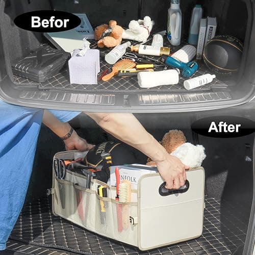 JiatuA Car Trunk Organizer, Car Organizers and Storage Collapsible Multi Compartment Container Box, Adjustable Car Accessories for SUV Sedan Truck, Standard Size, Beige thumbnail 9