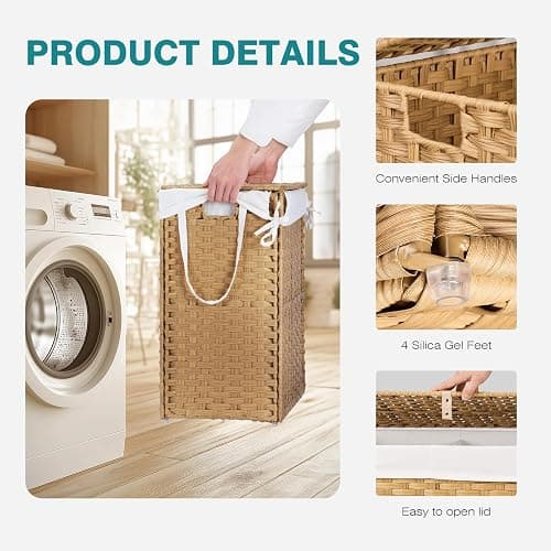 DUMOS Wicker Laundry Basket with Lid, 110L Woven Laundry Hamper with Handles, Foldable Rattan Clothes Hamper with Removable Liner & Sturdy Steel Frame, Goose Yellow thumbnail 5