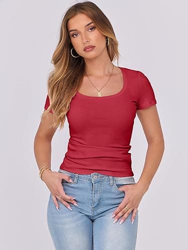 ANRABESS Women Short Sleeve Tops Scoop Neck Ribbed Knit Slim Fitted Basic Tee Shirts 2025 Casual Summer Trendy Clothes - Red - X-Small thumbnail 4