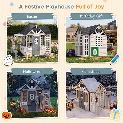 Albott Kids Outdoor Wooden Playhouse with Kitchen Playset, Backyard Cottage for Kids with Bench, Chalkboard, Pet Door, Wooden Mailbox and Flowerpot, Backyard Play House for Boys and Girls Ages 3-8 thumbnail 8