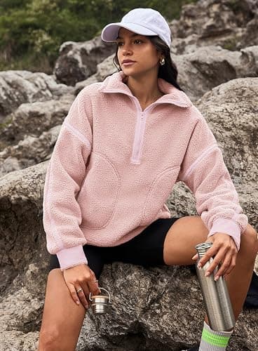 Yanekop Womens Quarter Zip Pullover Sherpa Fleece Jacket Oversized Zip Up Sweatshirt Half Zip Pullover Fuzzy Outerwear thumbnail 5