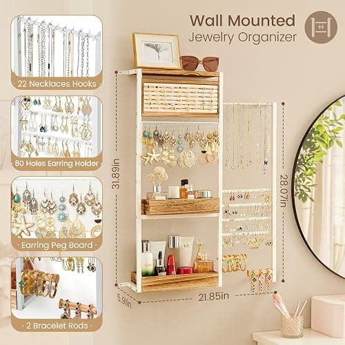 Pinzoveco Hanging Jewelry Organizer Wall Mounted, Large Hanging Jewelry Organizer Holder for Necklaces,Bracelest,Earrings,Rings,Watched,Makeup & Perfume (White) thumbnail 2