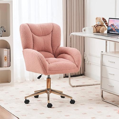 Anewome Swivel Office Desk Chair with Wheels Upholstered Sherpa Desk Modern Armchair Height Adjustable Computer Task Chair Boucle Makeup Vanity Desk with Gold Metal Frame, 38.2" H Pink - Image 1
