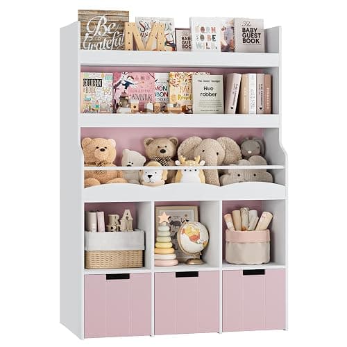 HITHOS 55.3"H Kids Bookshelf with Toy Storage Organizer, Tall Book Shelf with 3 Mobile Toy Storage Bins, Large Kids Bookcase with Toy Chest, 39.2"W Modern Toy Box for Kid Room, Playroom, Pink, White thumbnail 7