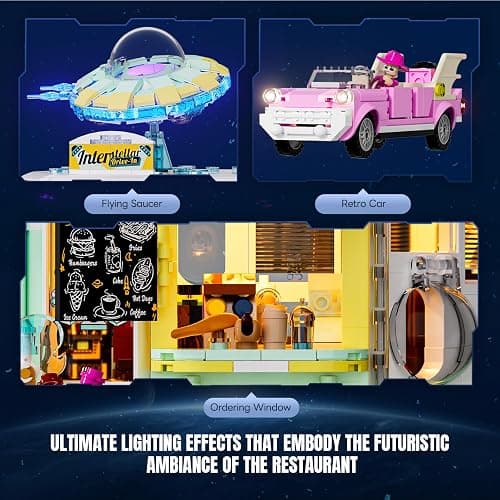 Lumibricks Interstellar-Diner Lighting-Building-Bricks City Set - 2188 Pcs Road UFO Drive-in Restaurant Modular Collection LED Light Space Car Restaurant Set for Adults and Travelling Enthusiasts thumbnail 5