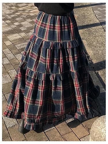 SOLY HUX Women's Plaid Maxi Skirt Elastic High Wasited Tiered Ruffle A Line Flowy Long Skirts thumbnail 3