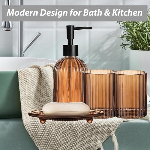 Brown Bathroom Accessories Set, Glass Bathroom Accessory Sets Complete Includes Soap Dispenser, Toothbrush Holder, Mouthwash Cup, Soap Dish for Bath Decor, Countertop Vanity Organize thumbnail 4