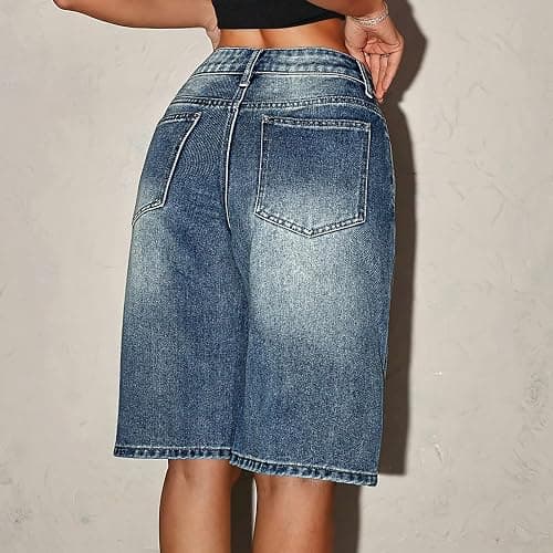 Bermuda Shorts for Girls Stretchy High Waisted Denim Shorts Baggy Y2k Knee Length Casual Long Summer Shorts 12-16Years thumbnail 4