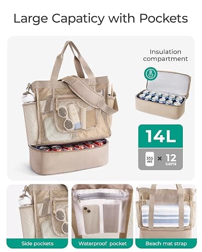 BAGSMART Beach Bag for Women, Mesh Tote Bags with Zipper, Sandproof Vacation Essentials with Cooler for Swim Cruise Pool thumbnail 4