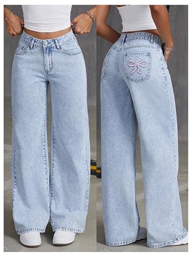 Floerns Women's Bowknot Embroidery Jeans Y2k Straight Leg Boyfriend Denim Pants thumbnail 3