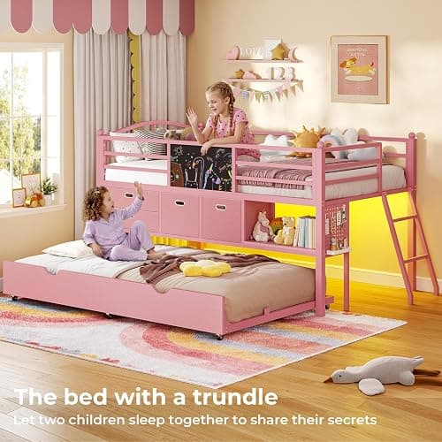 ADORNEVE Low Loft Bed Twin Size with Trundle & LED Lights, Kids Loft Bed with 4 Storage Drawers & Open Cubbies & DIY Pegboard, Twin Loft Bed with Safety Guardrail,Under-Bed Play Zone, Pink thumbnail 3
