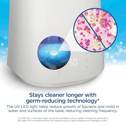Clorox Air Humidifier for BedRoom with UV LED Light to Reduce Germs and Bacteria, Whisper Quiet, 4L Water Tank for up to 40 Hours of Continuous Steam, Ultra Clean Cool Mist, White (11080) thumbnail 3