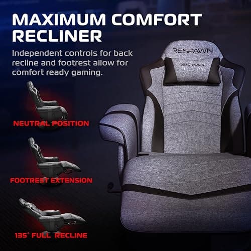 RESPAWN 900 Console Gaming Recliner with Footrest and Lumbar Support - Comfortable Ergonomic Gaming Chair with Headrest, No Wheels, Reclining, Heavy Duty, Racing Style Video Game Chairs - Gray Fabric thumbnail 4