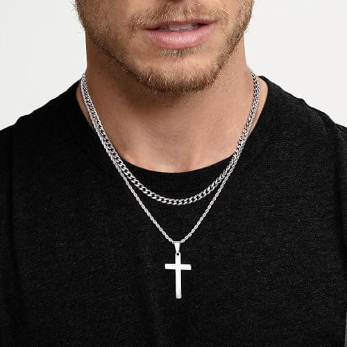 LOYALLOOK 6PCS Silver Chain for Men Women Stainless Steel Cross Chain Layered Cuban Link Figaro Snake Box Chain Cross Pendant Necklace 18-20IN/20-22IN thumbnail 3