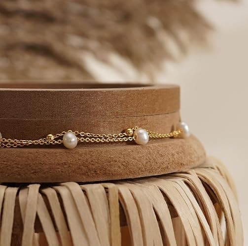 NECOCY Pearl Bracelet for Women, 14K Gold Plated/Silver Plated Bracelet | Dainty Beaded Gold Bracelet Set, Non-Tarnish, Adjustable Link Charm Wedding Bridesmaid Jewelry, Gift for Daily Wear & Mother thumbnail 6