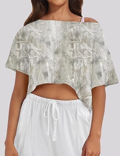 MISSACTIVER Oversized Off The Shoulder Top for Women Short Sleeve Boat Neck Crop Tee Loose Summer Workout Shirt thumbnail 2