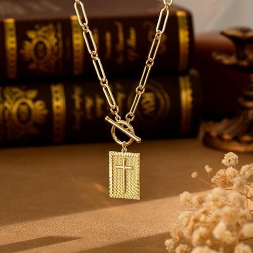 Moodear Cross Necklace for Women Trendy Chunky 14K Gold Plated/Silver Plated Cross Pendant Necklace Toggle Clasp Paperclip Chain Dainty Charm Necklace Fashion Religious Simple Jewelry Christian Gifts for Women Faith thumbnail 7