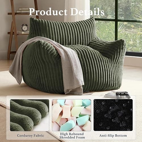 Gericco Giant Plush Bean Bag Chair for Adults with Armrests - Oversized Comfy Green Beanbag Lounge Lazy Floor Sofa Accent Chair for Living Room, Bedroom & Dorm, Cozy Fluffy Single Cloud Mini Couch thumbnail 3