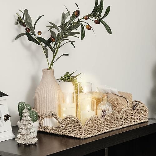 StorageWorks Rectangle Wicker Scalloped Tray, Rattan Serving Trays with Handles, Seagrass Basket for Decorative & Organizing, 15.75" L x 11.5" W x 2.75" H thumbnail 9