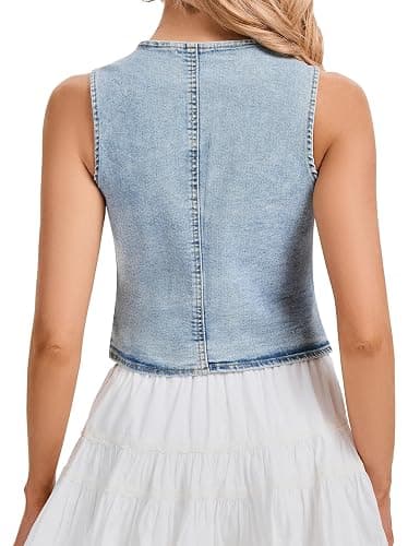 Genhoo Denim Vest Sleeveless Jean Vest Top for Women V Neck Button Down Cropped Denim Top with Pockets thumbnail 5