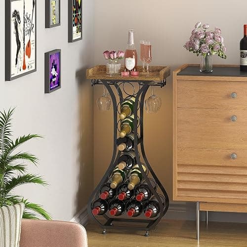 X-cosrack Wine Rack Freestanding Floor, Mini Bar Table Wine Holder Stand Liquor Cabinet with Glass Holder Wood Tabletop 14 Bottles Floor Wine Storage for Home Bar Kitchen Living Room (Patent Pending) thumbnail 6