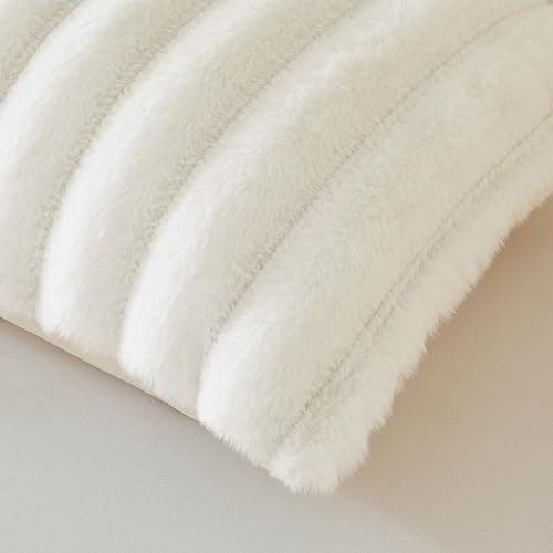 MEGO Fluffy Faux Rabbit Fur Body Pillow Cover, Cozy Plush Fuzzy Wide Striped 20x54 Ivory Body Pillowcase, Decorative Shaggy Furry Zippered Bedroom Long Pillow Cover for Pregnancy Side Sleeper, Beige thumbnail 4