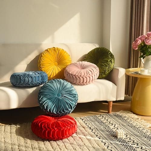 HIG Set of 2 Yellow Ruched Velvet Round Throw Pillows – 14.5’’ Decorative Pillows with Soft Polyester Filling for Couch, Bed, Living Room, Bedroom, or Dorm – Handmade, Stress Relieving, All-Season thumbnail 6