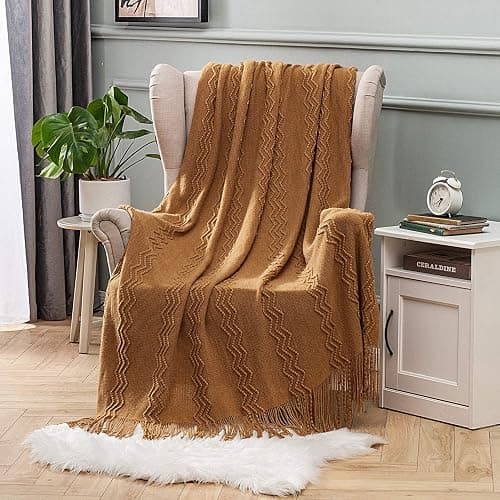 MIULEE Knitted Brown Throw Blanket for Couch,Boho Bed Decor Knit Outdoor Blankets Throw Size with Tassels Cozy Woven for Sofa Home Chair Wave Pattern 50" x 60" Inches thumbnail 9