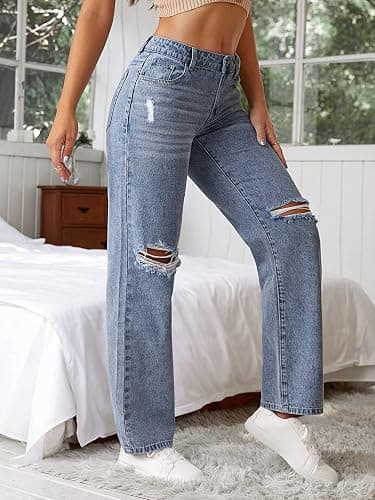 SweatyRocks Women's Ripped Straight Leg Jeans High Waist Distressed Cutout Denim Pants thumbnail 4