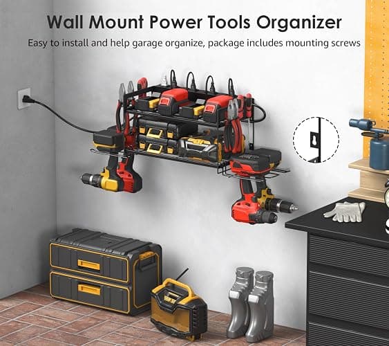 CCCEI Garage Tools Storage with Charging Station. Power Tool Battery Organizer Utility Shelf with Power Strip. 4 Drills Holder Wall Mount Rack, Black. thumbnail 4