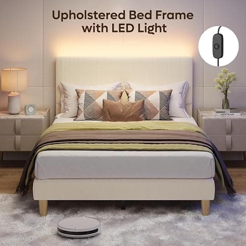 Bestier Full Bed Frame with Adjustable Headboard, LED Lighting, Vertical Channel Tufted Corduroy Upholstered, Solid Wooden Slats Support, No Box Spring Needed, Never Squeaks, Easy Assembly, Beige thumbnail 3