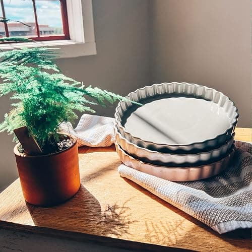 MORA Ceramic Tart Pan, 9.5 Inch Large Porcelain Baking Dish for Tarts, Quiche, Pie, Flan etc. Fluted Ruffled Edge, Oven, Microwave, Freezer, and Dishwasher safe - Great Gift For Bakers - Earl Grey thumbnail 6