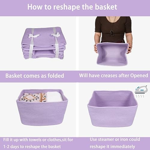 Cotton Rope storage Basket Bins Woven Basket for Organizing Shelves 15X10X9.3" Rectangle Decorative Baskets For storage Clothes Toys Books Towels Nursery basket organizer 3 pack purple or lavender thumbnail 7