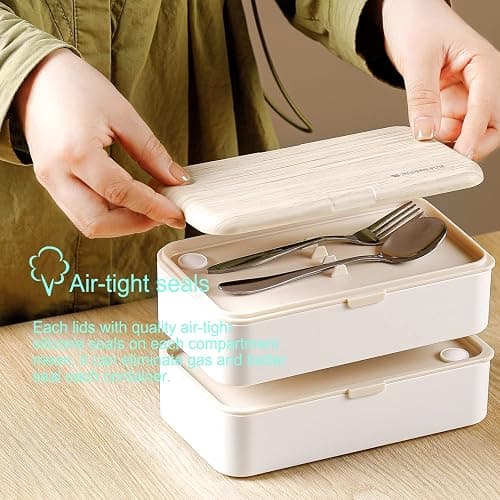 Original Bento Box Brotdose Lunchbox für Erwachsene/Kinder mit Fächern Essensbox Bündel Teiler Japanischer Stil mit Ddelstahl Besteck Löffel und Gabel (Rosa) thumbnail 3