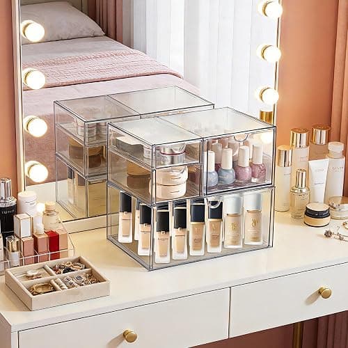 Prsildan Acrylic Drawer Makeup Organizer with 4 Drawers, Set of 2 Office Desk Organizers Accessories, Clear Stackable Storage Drawers for Vanity, Countertop, Craft, Jewelry, Art Supply Organization thumbnail 8