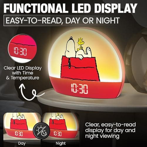 Peanuts Snoopy Sunrise Alarm Clock – Vibrant Snoopy Edition with Multicolor Lights, USB Charging, LED Display, Gentle Wake-Up Simulation, and Handy Snooze Function, Red thumbnail 7
