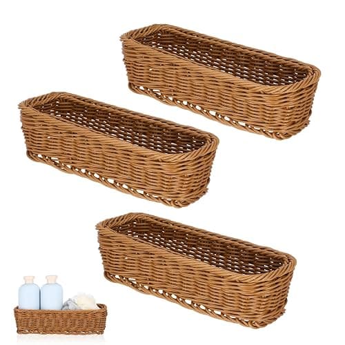 DECHOUS 3 Pack Wicker Plastic Silverware Organizer - Woven Rectangular Kitchen Flatware Tray Cutlery Storage Basket for Countertop Party Table - Image 1