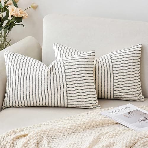 MIULEE Grey and Beige Patchwork Farmhouse Pillow Covers 12x20 Inch, Pack of 2 Striped Linen Decorative Modern Accent Pillow Cases for Sofa Couch Bedroom - Image 1