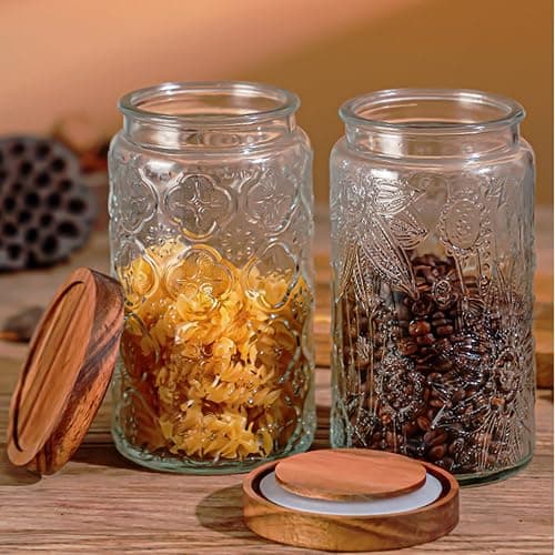 34 OZ/2 PCS Glass Storage Jar with Airtight Bamboo Wooden Lids, Vintage Food Containers Canisters Sets for Kitchen Counter Pantry, Sugar, Flour, Candy, Tea, Coffee Beans, Oats, Grain Bin, Pasta, thumbnail 2